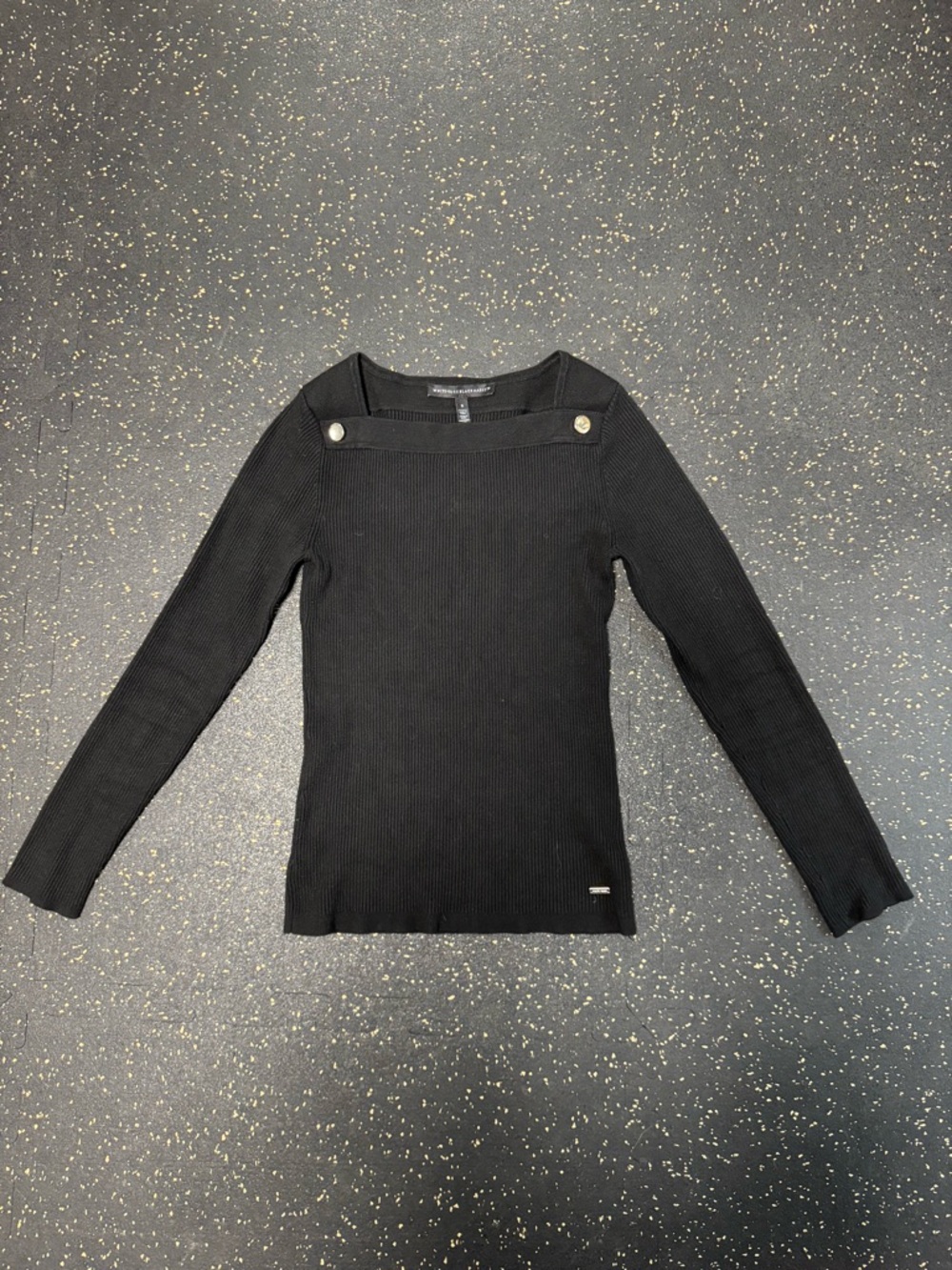 White House Black Market Black Ribbed Long-Sleeve Top with Button Accents